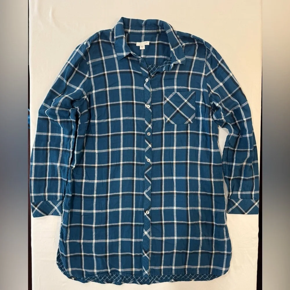 J Jill 100% Cotton Tunic Button Down Blue Plaid Flannel Feel Pockets - Picture 2 of 12